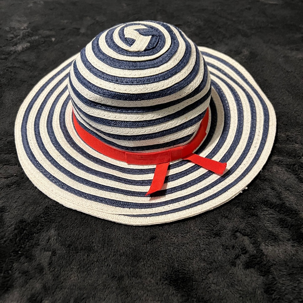 Navy & White Striped Hat With Red Bow.